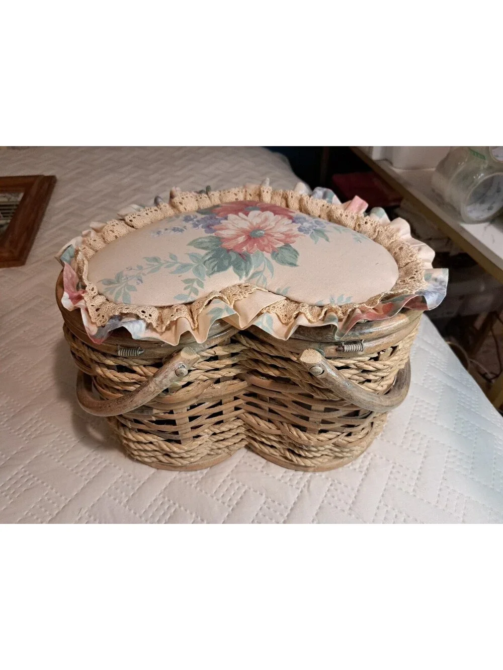 Vintage Heart-Shaped Wicker Storage Basket w Padded Floral Fabric & Lace Top